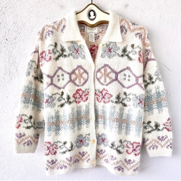 Vintage 90s Express Tricot Hand Knit Cardigan Angora Blend Floral Sz S - Picture 1 of 15